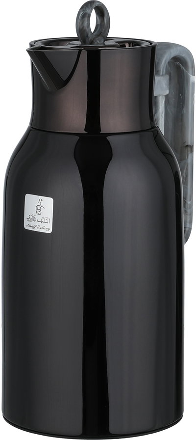Al Saif Gallery Al Durra Thermos Set, 1/1 Liter, 2 Pieces, Glass Inner Container, Push Button, Marble Gray Handle - Glossy Black product image 8