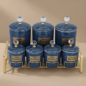 Al Saif Gallery porcelain spice boxes set, with golden stand, 7 pieces - blue product image