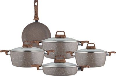 طقم قدور جرانيت روكي، 9 قطع، مسكة يد خشبي، غطاء زجاج - بني product image 2