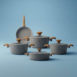 طقم قدور جرانيت فالز، 9 قطع، يد خشبي، بغطاء زجاج - رمادي فاتح product image