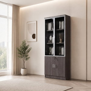 OW-110 MDF wood storage and display cabinet, 190×80×32 cm, 4 doors, 2 glass tops, 2 wooden bottoms, metal handles - Dark Grey product image