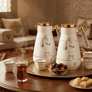 طقم ترامس جياد السيف غاليري، قطعتين، 1/0.75 لتر، نقش حصان، حافظة داخلية زجاج حراري، هيكل خارجي استيل - كريمي product image 2