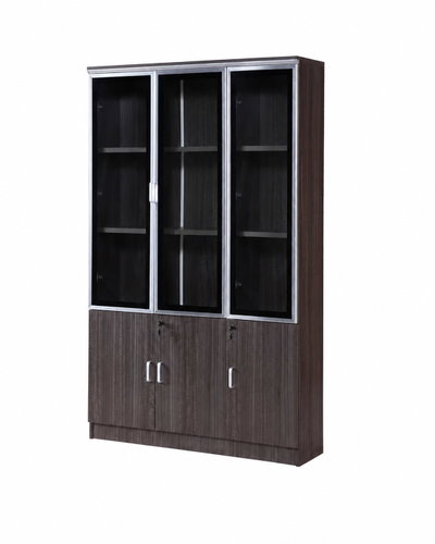 OW-110 MDF wood storage and display cabinet, 190×120×32 cm, 6 doors, 3 glass top doors, 3 wooden bottom doors, metal handles - wood gray product image 2