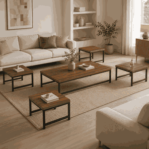 طقم طاولات خشب و معدن، 5 قطع - بني product image