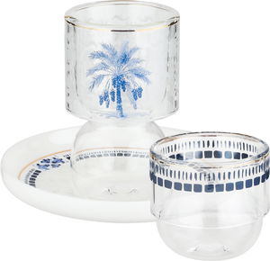 طقم تقديم بيالات شاي زجاج وفناجين قهوة مع صحون بورسلان السيف غاليري، مشجر ازرق، 18 قطعة - ابيض شفاف product image