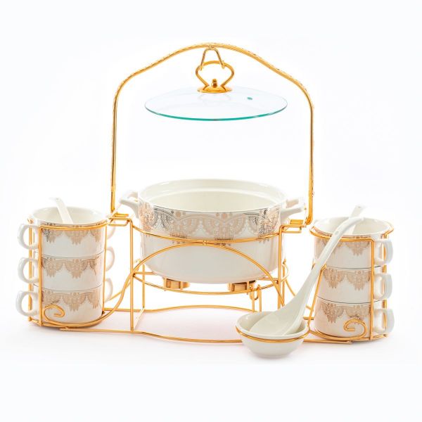 Al Saif Gallery porcelain soup set, stand, 18 pieces - gold product image