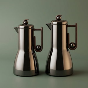 Al Saif Gallery Al-Adhariya Thermos Set, 0.7/1 Liter, 2 Pieces, Glass Inner Container, Stainless Steel Outer Body, Push Button - Glossy Black Dark Wood product image