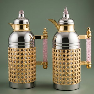 Al Saif Gallery Sarah thermos set, 1 liter, crystal handle, thermal glass inner case, steel outer case - silver gold product image