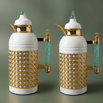 Al Saif Gallery Sarah thermos set, 1 liter, crystal handle, thermal glass inner case, steel outer case - pearly gold product image 1