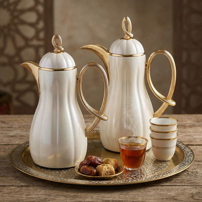 Al Saif Gallery Arwa thermos set, 1/1 liter, thermal glass inner container, plastic outer shell - golden white product image 2