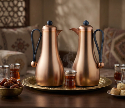 Al Saif Gallery Gheem Thermos Set, 2 Pieces, 1/1 Liter, Glass Inner Container, Blue Handle - Copper product image 2