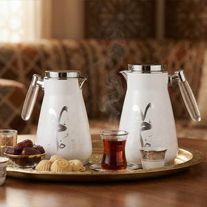 طقم ترامس نقوش السيف غاليري، 0.75 / 1 لتر، 2 قطعة، حافظة داخلية زجاج، هيكل خارجي أستيل، ضغاط، يد شفاف - أبيض لؤلؤي فضي product image 2