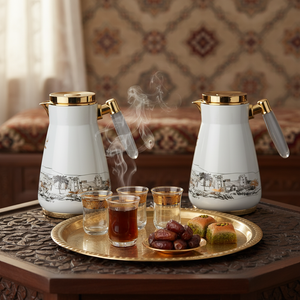 طقم ترامس أصال السيف غاليري، 0.75 / 1 لتر، 2 قطعة، حافظة داخلية زجاج، هيكل خارجي أستيل، ضغاط، يد شفاف - أبيض لؤلؤي ذهبي product image 2