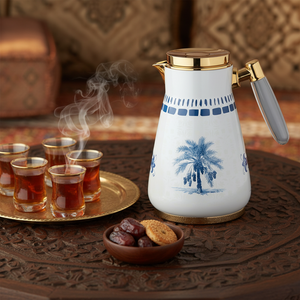 طقم ترامس الواحة السيف غاليري، 0.75 / 1 لتر، 2 قطعة، حافظة داخلية زجاج، هيكل خارجي أستيل، ضغاط، يد شفاف - أبيض لؤلؤي أزرق product image 2