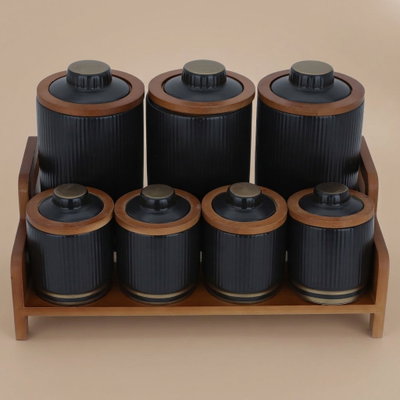 طقم علب بورسلان السيف غاليري، 8 قطع، ستاند خشبي - أسود product image 1
