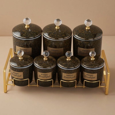 طقم علب بهارات بورسلان السيف غاليري، 7 قطع، ستاند ذهبي - أسود بذهبي product image 1