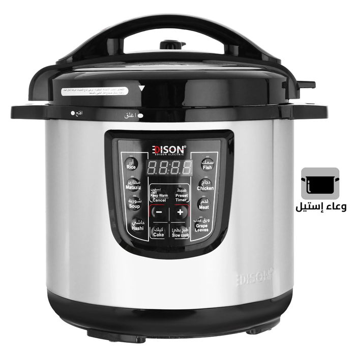 قدر ضغط كهربائي إديسون، 8 لتر، 1200 واط، وعاء داخلي استيل، 10 وظائف طبخ، GT801-W - فضي اسود product image 1