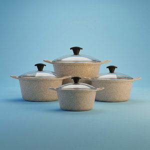 طقم قدور جرانيت فاليز، 8 قطع، غطاء زجاج - بني product image