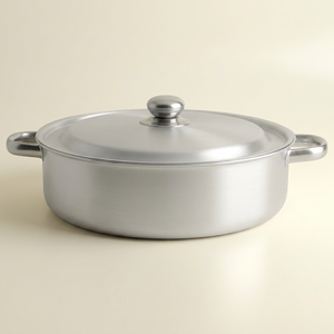 Robust aluminum oven tray, 32 cm, round, with lid, two handles - silver product image