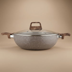 مقلاة جرانيت روكي، 28 سم، عميق، مسكتي يد خشبي، غطاء زجاج - بني product image