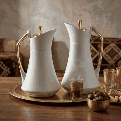 Al Saif Gallery Karma thermos set, two pieces, 1 liter, thermal glass inner container, steel outer shell - light gray product image 2