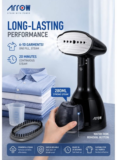 Arrow RO-50LPWQ Portable Steam Iron, 1500W, 280ml, 30g/min Steam Rate, Safe for All Fabrics - Black product image 5