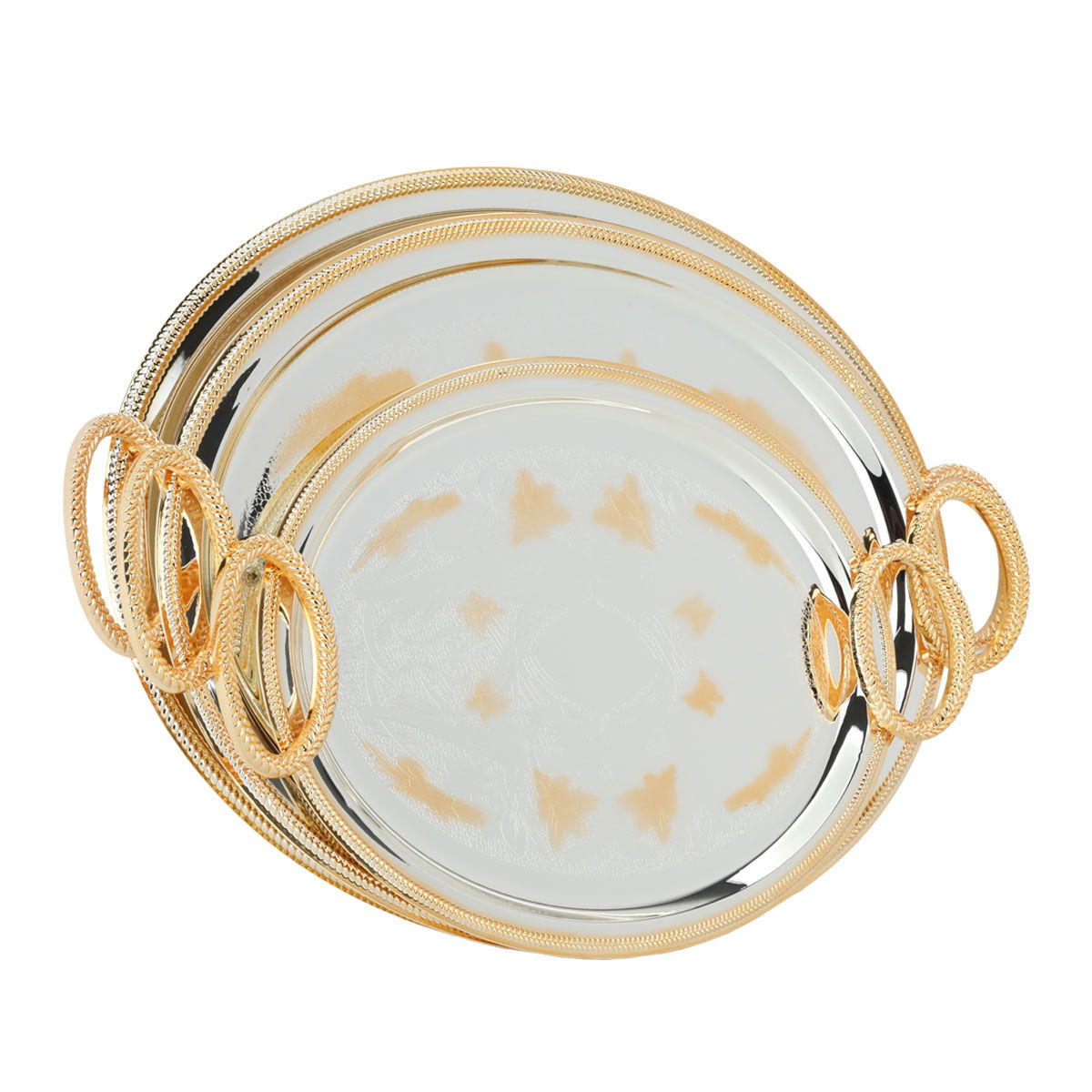 Al Saif Gallery steel topper set, 52 x 36.7 x 1.6 / 49 x 34 x 1.6 / 40 x 27 x 1.6 cm, oval, gold engraved, handle 3 pieces - silver product image