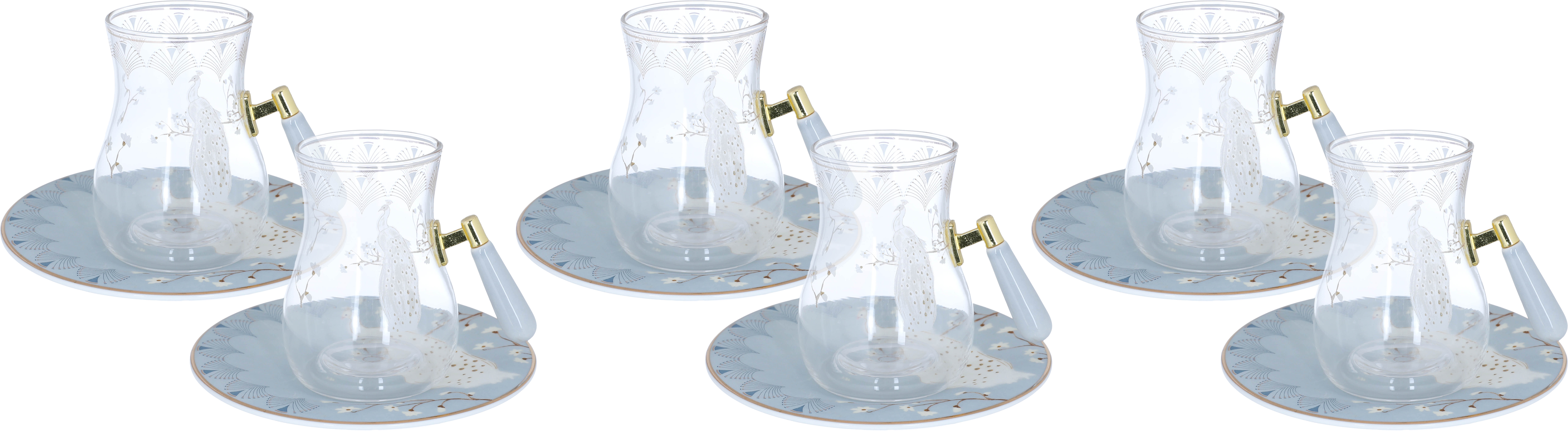 Saif Gallery Peacock Glass Tea Bialat Set, 180 ml, Porcelain Saucers, 12 Pieces - Clear product image