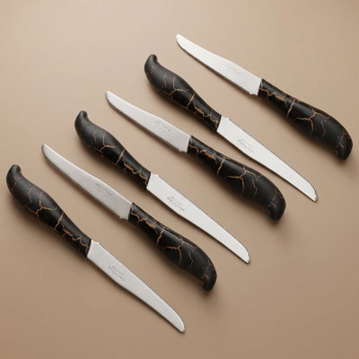 Al Saif Gallery steel knife set, with marble plastic handle, 6 pieces - black product image 1
