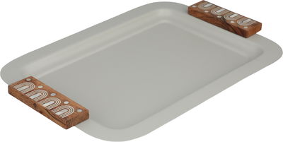 Al Saif Gallery stainless steel serving tray, 41x31x2.5 cm, wooden handle, rectangular - light wood gray product image 2