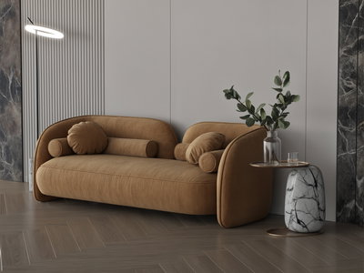 Modern Swedish wood sofa, 225x78x43 cm, boucle fabric - light brown product image 4
