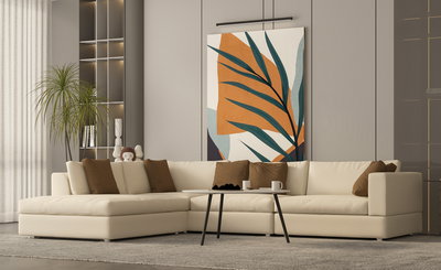 Modern L-shaped Swedish wood sofa, 270 x 210 cm, velvet fabric - beige product image 3