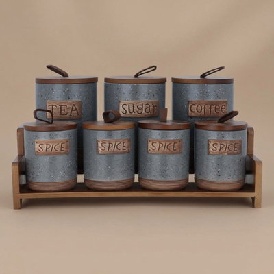 طقم علب بورسلان السيف غاليري، 8 قطع، ستاند خشبي - رمادي product image 1