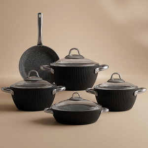 Estel Falz ribbed granite cookware set with glass lid, 9 pieces, 18 / 22 / 26 / 26 / (26) cm, Turkish - Black product image