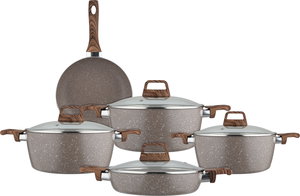 طقم قدور جرانيت روكي، 9 قطع، مسكة يد خشبي، غطاء زجاج - بني product image