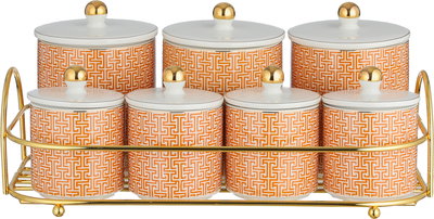 طقم علب بهارات مع استاند بورسلان ستانلس ستيل ون مور, 7 قطع، نقش برتقالي - ابيض ذهبي product image 1