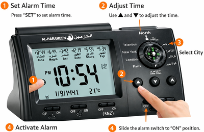 ساعة اذان رقمية اسلامية الحرمين، تحكم في مستوي الصوت، بوصلة، منبه اذان، 9.5x15.5 سم - اسود product image 4