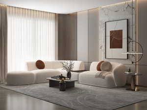 Modern L-shaped Swedish wood sofa, 300x280 cm, with pouf, chenille fabric - white product image 2