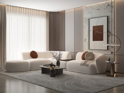 كنبة شكل L مودرن خشب سويدي،300×280 مع بوف سم، قماش شانيل - ابيض product image 2