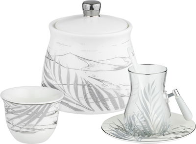 طقم تقديم بيالات شاي زجاج وفناجين قهوة مع صحون بورسلان السيف غاليري، 25 قطعة، سكرية، مشجر فضي - ابيض شفاف product image 1