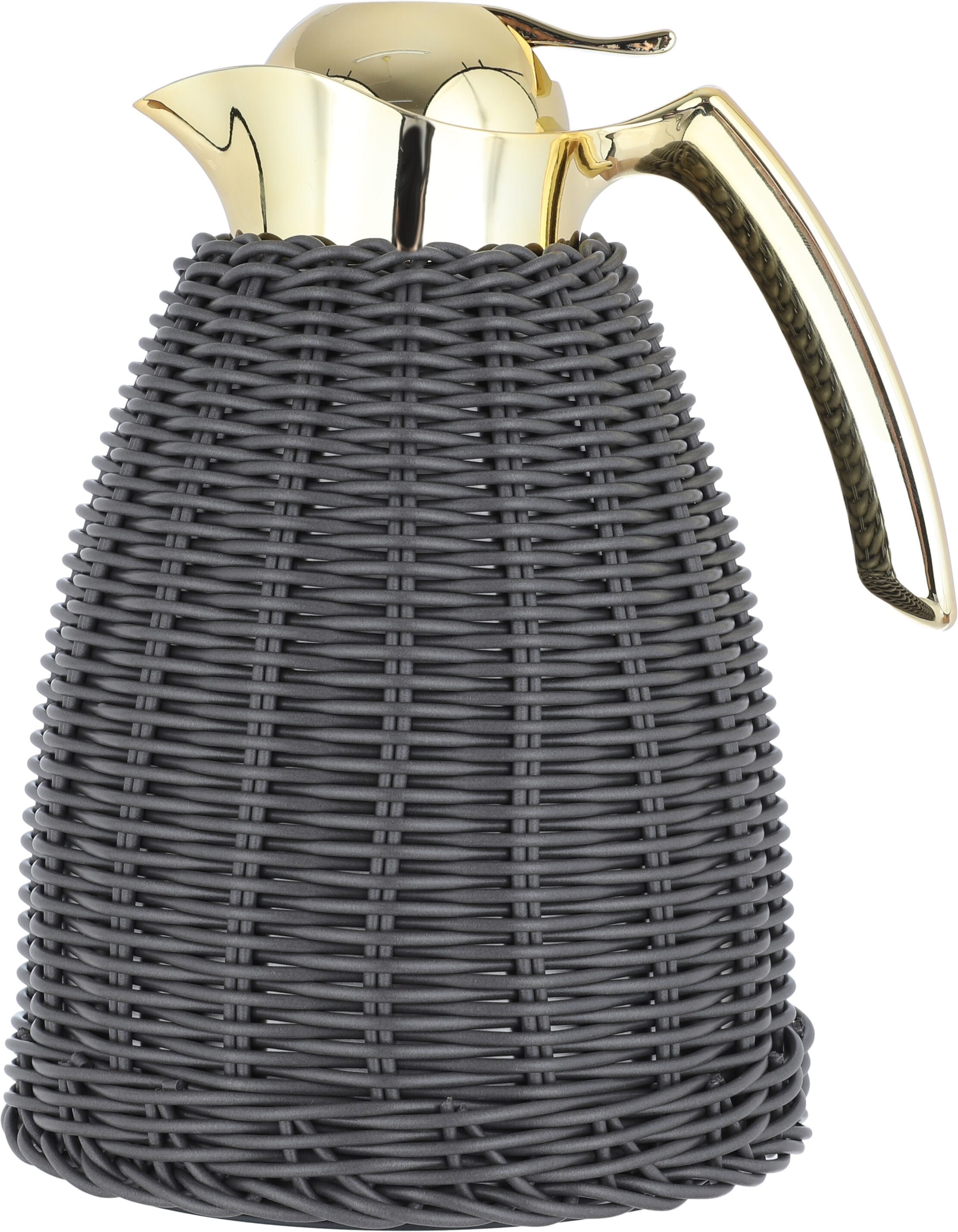 Timeless rattan thermos, 1 liter, golden handle, thermal glass inner container, plastic outer shell - dark gray product image