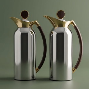 Al Saif Gallery Al Thuraya Thermos Set, 2 Pieces, 1/1 Liter, glass interior, black handle, push-button lid - silver and gold product image