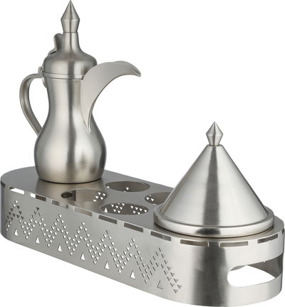 طقم ضيافة ستانلس ستيل السيف غاليري، تمرية، ستاند فناجين ودلة قهوة بقاعدة - فضي product image 2