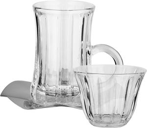 Glass cup and saucer serving set, 18 pieces, stainless steel saucers, 12 cm - clear silver product image