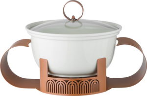 Al Saif Gallery Porcelain Food Warmer, 10 inches, 38x26x19 cm, Steel Base, Glass Lid, Round - White Brown product image