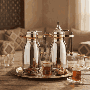 Al Saif Gallery Shahd Thermos Set, 2 Pieces, 1/2 Liter, Heat-Resistant Glass Inner Container, Wooden Handle - Silver Gold product image 2