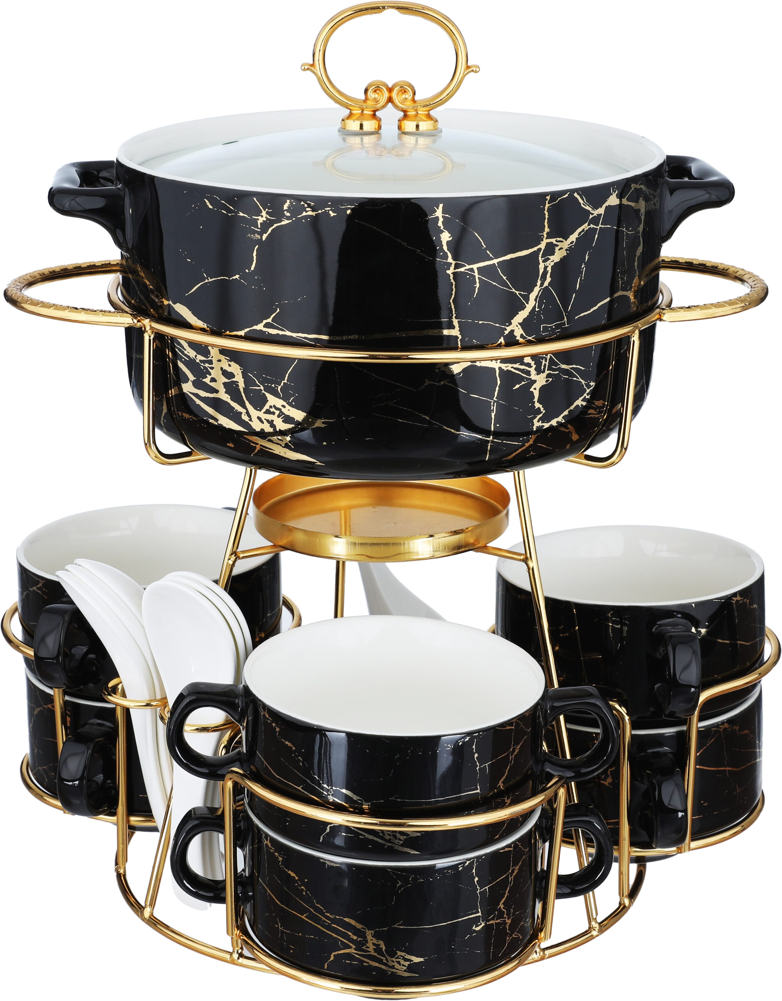Al Saif Gallery Soup Heater Set With Porcelain Stand, 16 Pieces - Black Gold product image