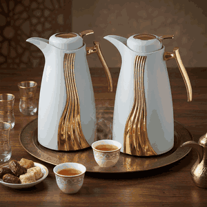 Al Saif Gallery Karma thermos set, 1 liter, golden handle, glass inner container, plastic outer shell - white and golden product image 2