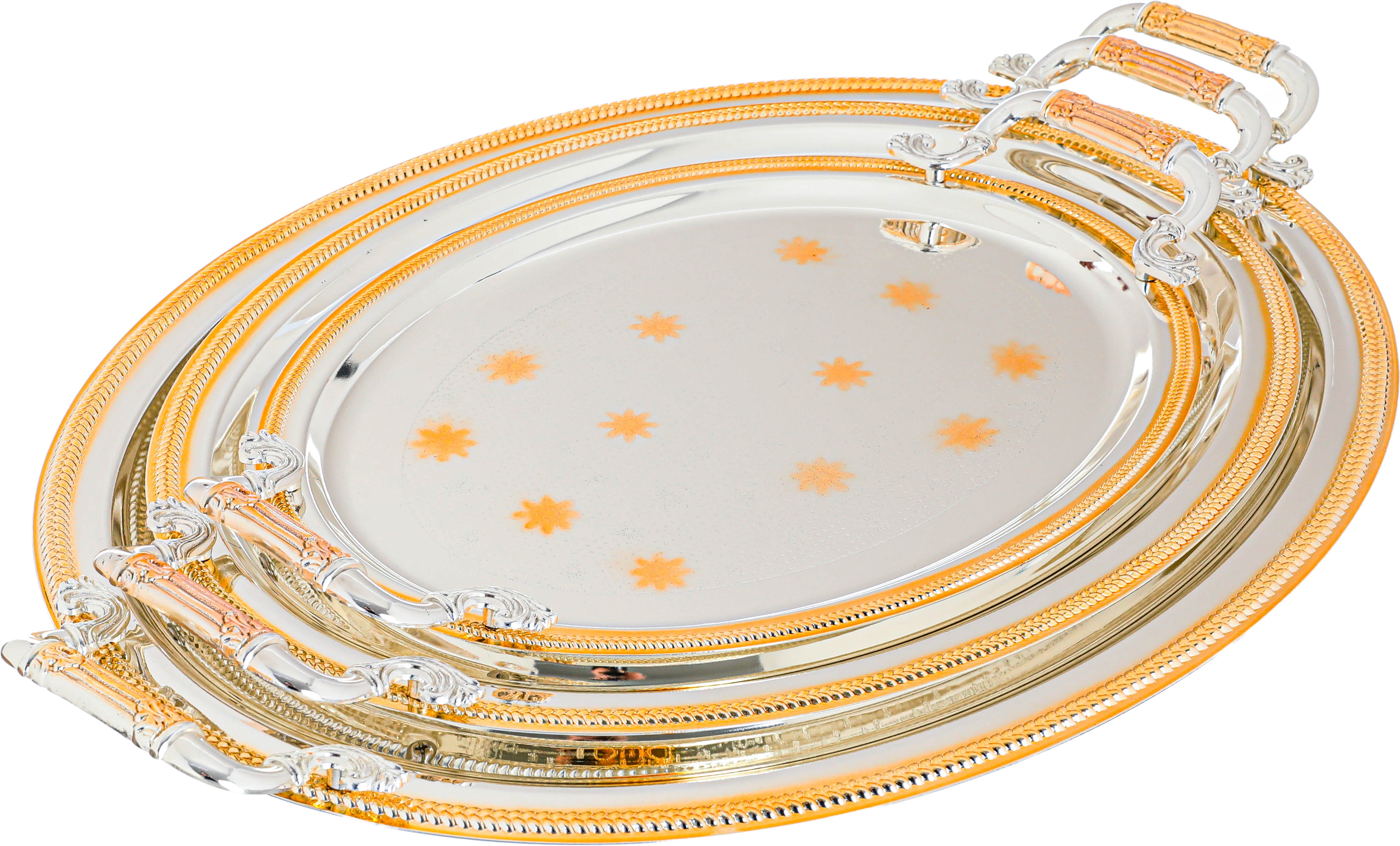 Al Saif Gallery steel tray set with gold edges, 3 pieces, engraved oval - silver product image