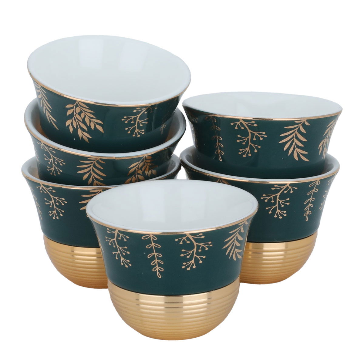 Al Saif Gallery porcelain Arabic coffee cups set, gold base, 12 pieces - green product image